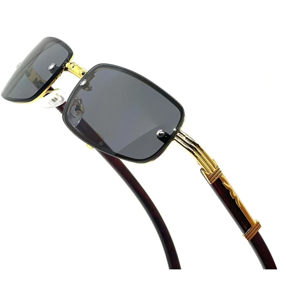 Rimless Rectangle Sunglasses Gold Frame Wood Arms Vintage Style Fashion‎ Women